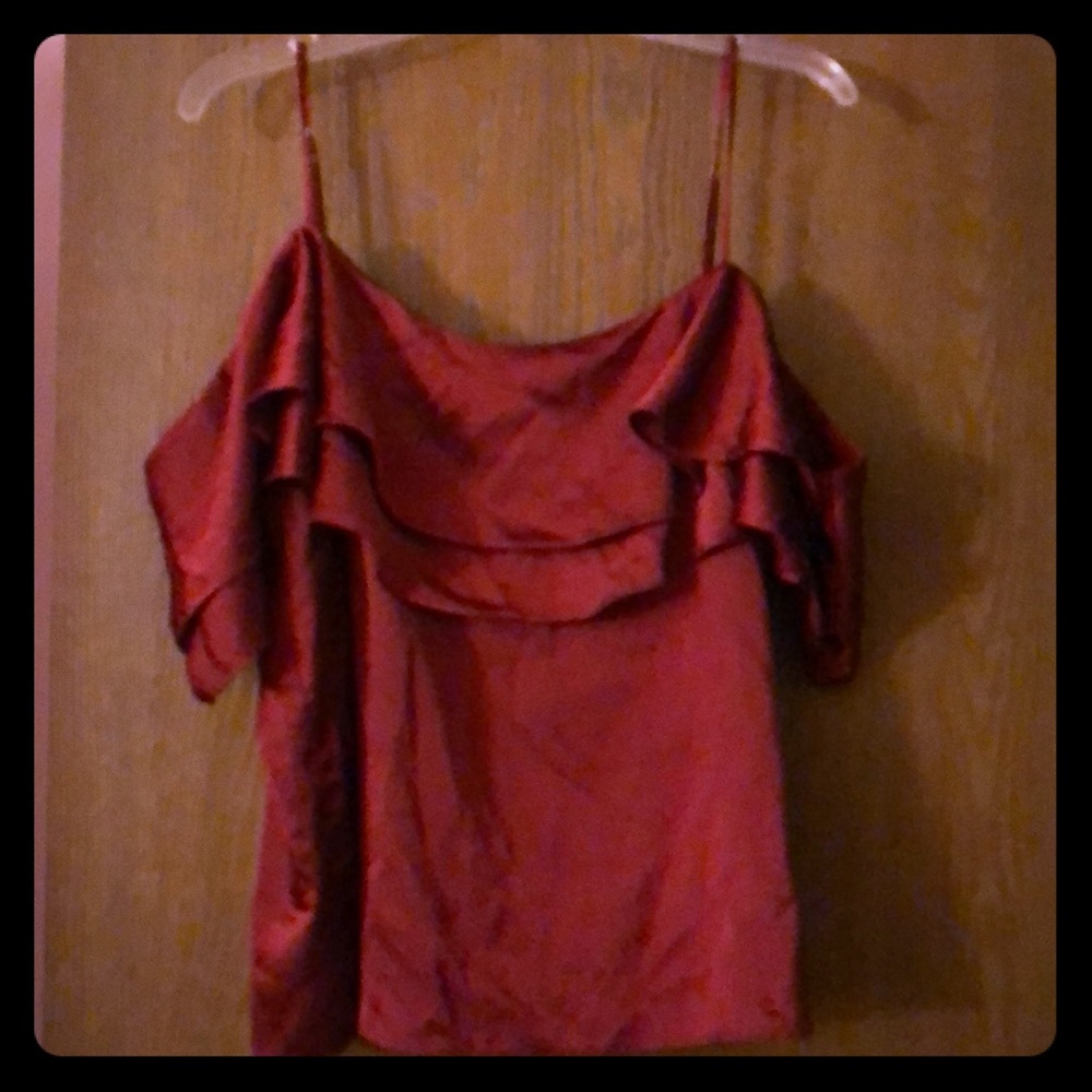 Satin burgundy top with off shoulder petal sleeve